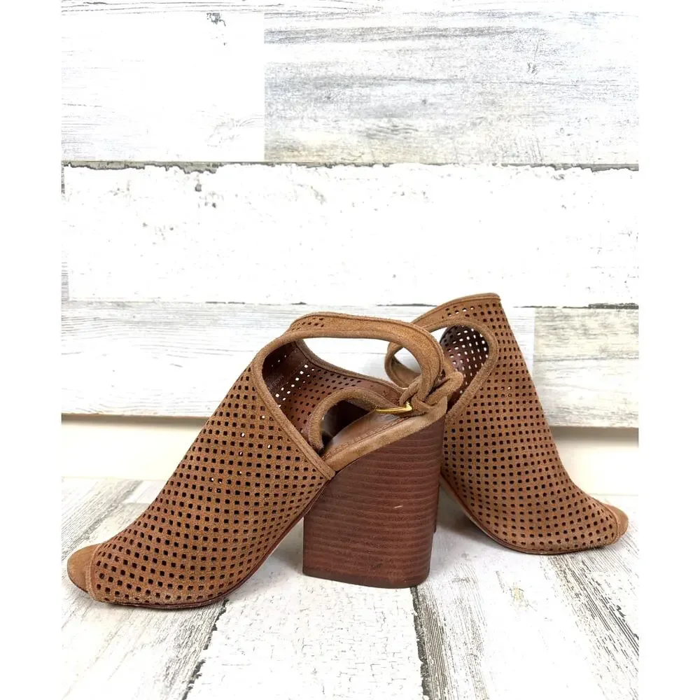 Tory Burch Women 7 Tan Jessie Perforated Suede High Heel Open Toe Strappy Bootie